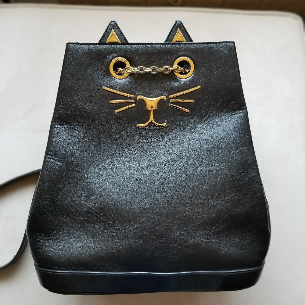 CHARLOTTE OLYMPIA CAT/FELINE BACK PACK/BACKPACK PURSE Black Leather, Gold Metal